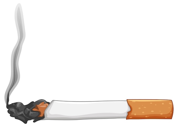 A lit cigarette with smoke rising, showing a burning tip and ash against a white background.