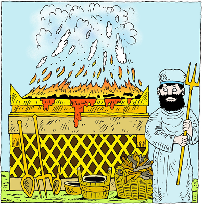 A bearded priest in white robes stands beside a blazing altar with offerings, holding a trident-like staff; smoke and flames rise dramatically.