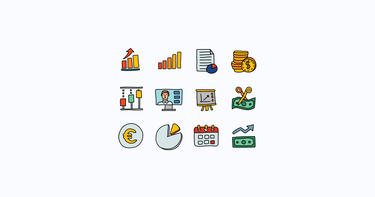 Collection of hand-drawn finance and business icons including charts, coins, calendar, euro symbol, and presentation tools.