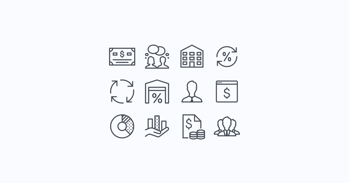 Twelve minimalist line icons representing finance concepts: money, collaboration, buildings, percentages, charts, users, and documents.
