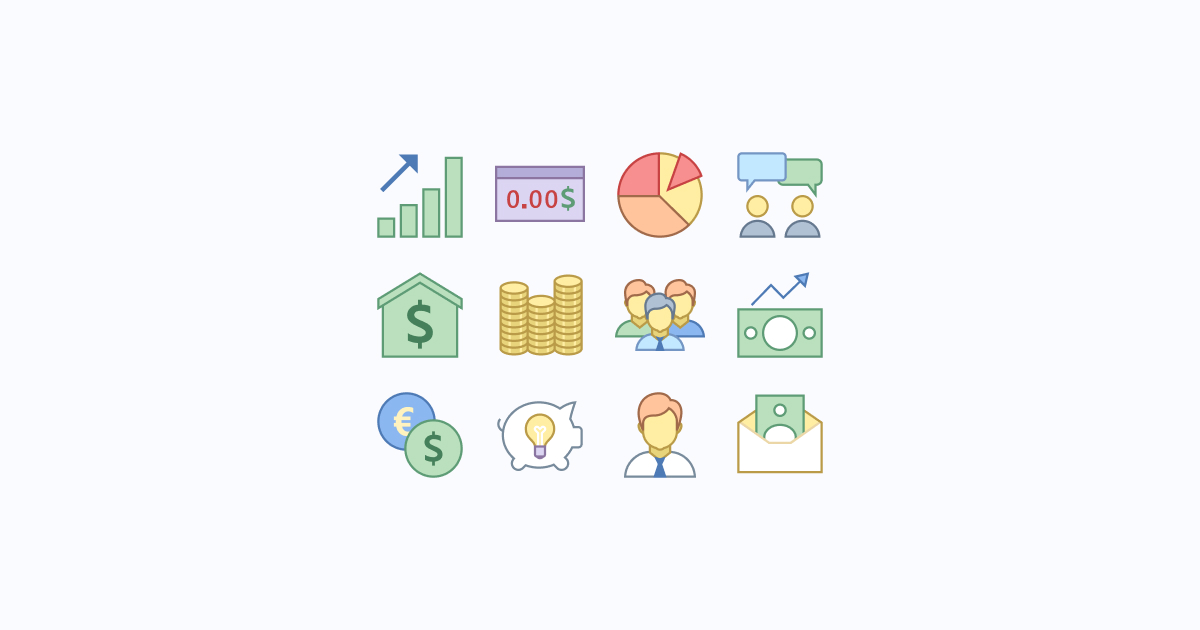 Twelve colorful line-art icons representing finance, analytics, teamwork, savings, and business communication.