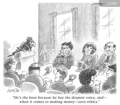 A cartoon of a corporate meeting with a parrot perched on the table, captioned about the boss having the deepest voice and zero ethics.