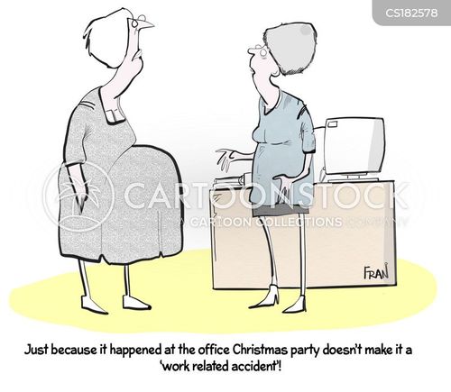Two women in an office setting; one stands angrily, the other sits at a desk, with caption about workplace accident at Christmas party.