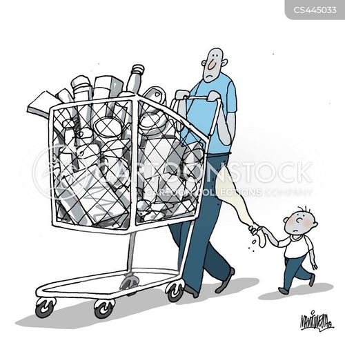 A man pushes an overflowing shopping cart while holding a child’s hand; the child looks tired and overwhelmed.