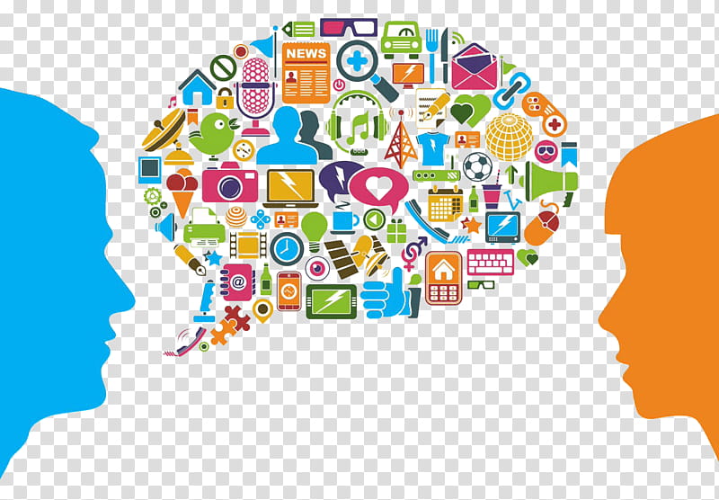 Two silhouetted profiles facing each other with a brain-shaped speech bubble filled with colorful digital and communication icons.