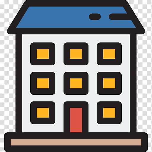 Flat-style illustration of a three-story building with blue roof, yellow windows, red door, and brown base.
