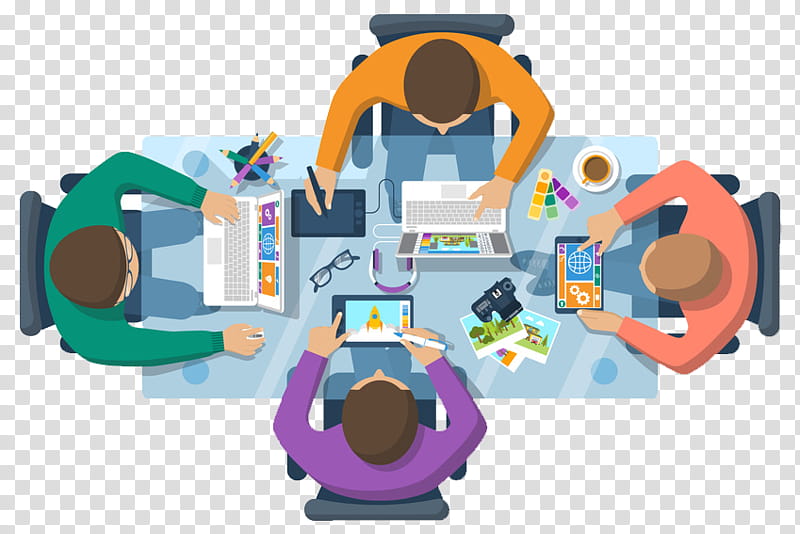 Four professionals collaborate around a table with laptops, tablets, design tools, and coffee in a modern creative meeting.