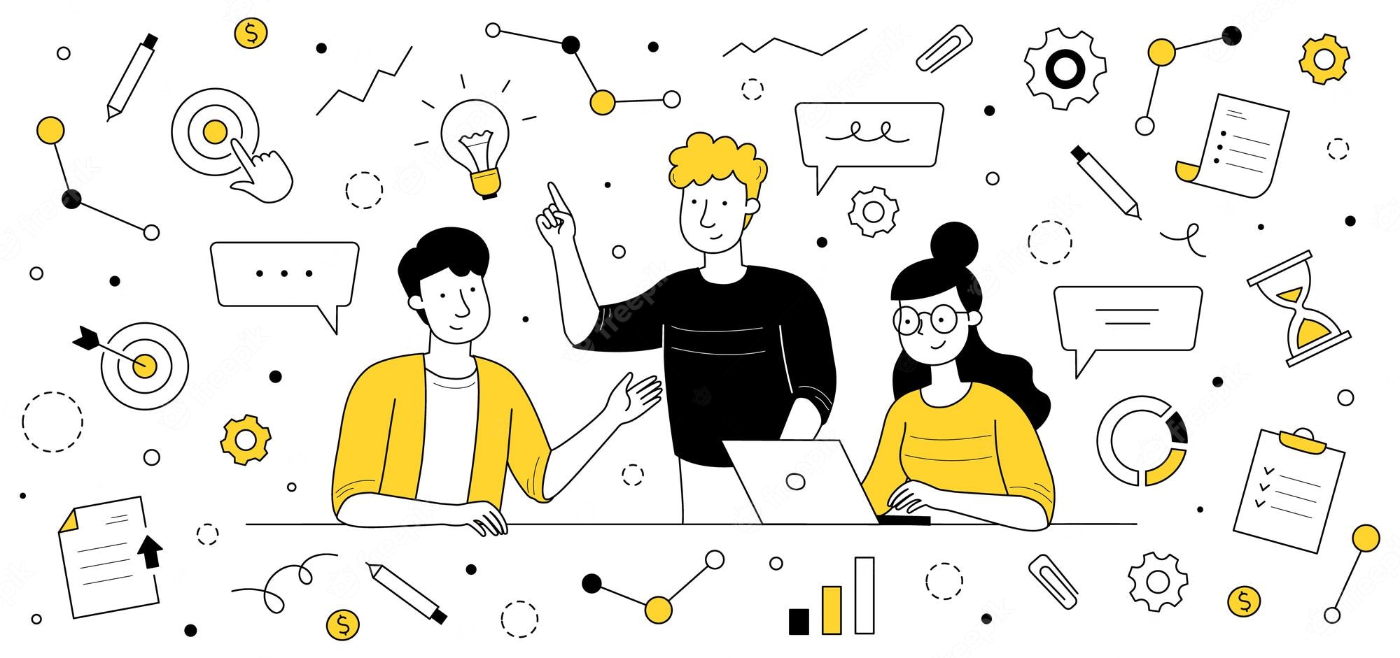 Three diverse professionals collaborate at a desk surrounded by icons representing brainstorming, strategy, data, and productivity tools.