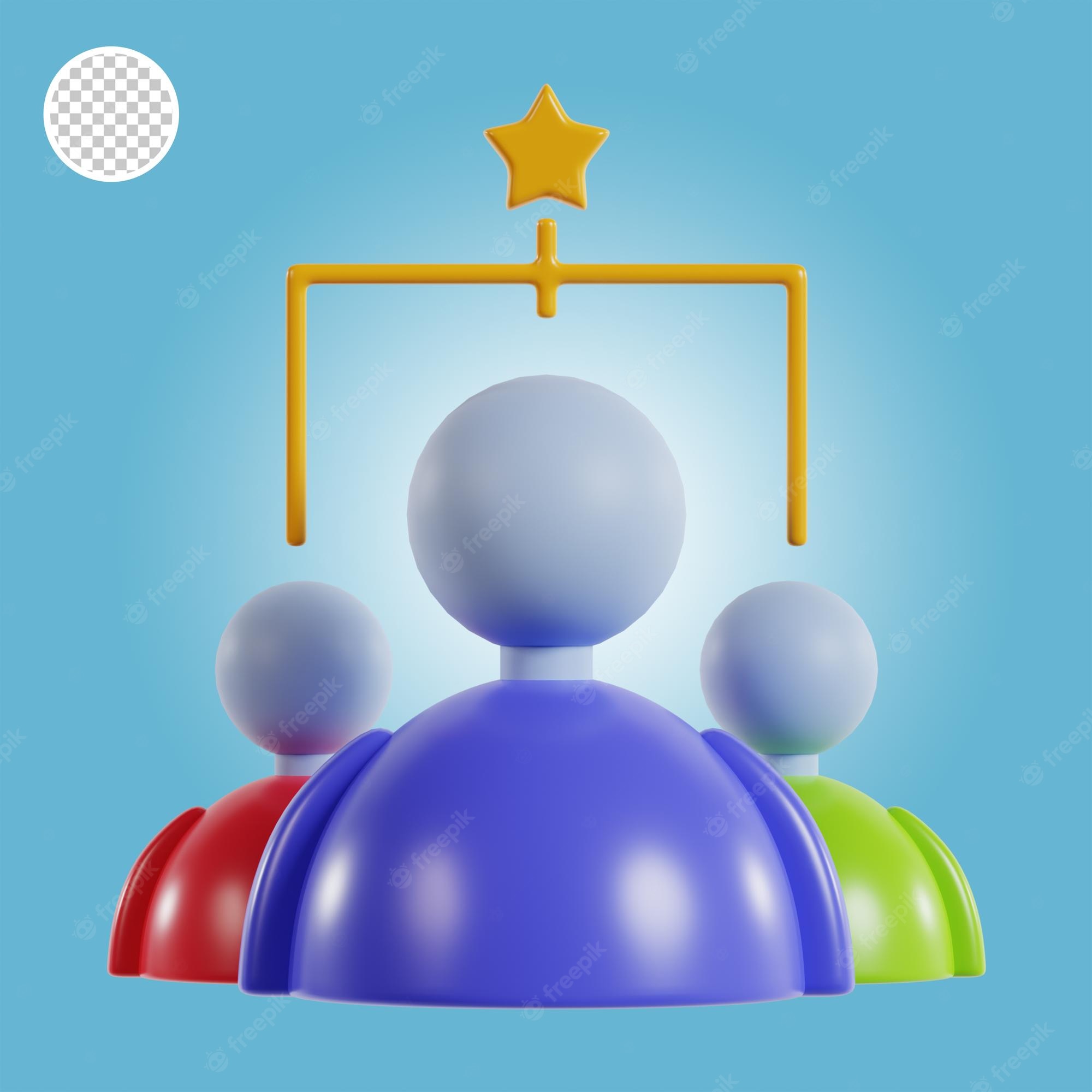 Three stylized 3D figures under a golden star-topped frame, symbolizing leadership or team excellence.