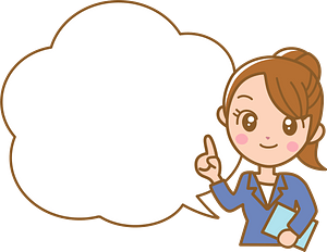 Cartoon businesswoman pointing upward with speech bubble, suggesting an idea or explanation.