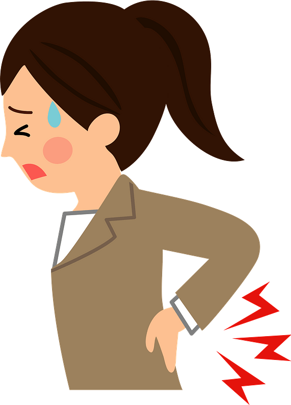 Woman in business attire clutching her lower back in pain, with red lightning bolts indicating acute discomfort and a tear on her cheek.