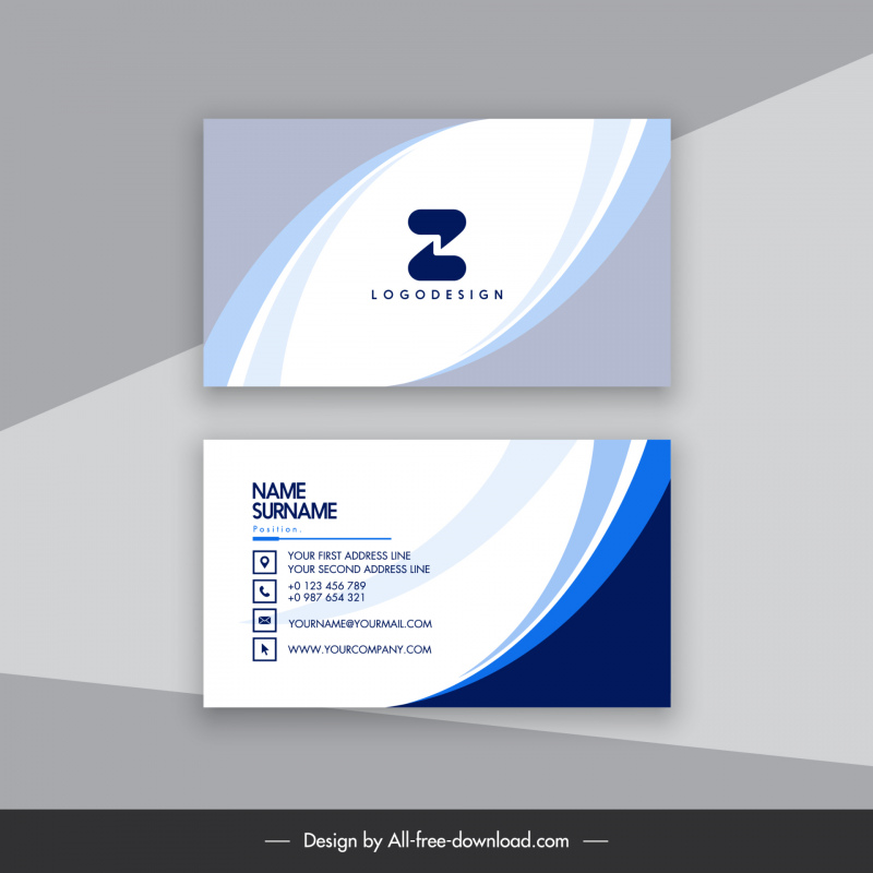 Modern blue and white business card template with abstract wave design and placeholder contact info.