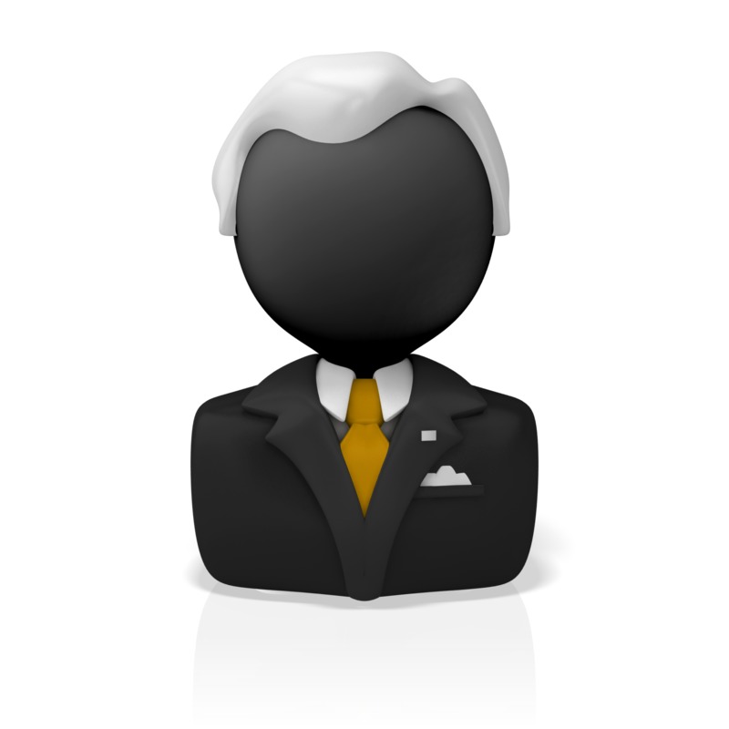 Stylized 3D avatar of a businessman with white hair, black suit, yellow tie, and pocket square on white background.