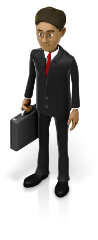 3D cartoon businessman in black suit and red tie holding a briefcase, standing confidently on white background.