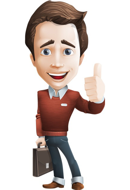 Smiling cartoon businessman in red sweater giving thumbs-up while holding briefcase.