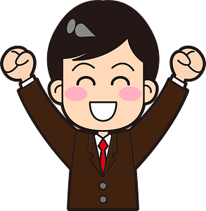 Joyful cartoon businessman in brown suit raising fists in celebration.