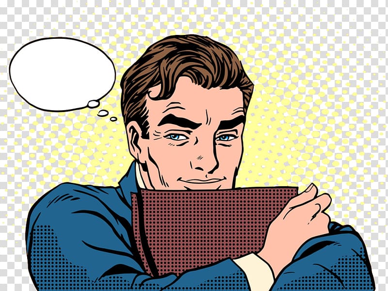 Pop art man in blue suit reading a book with thought bubble, yellow halftone background.
