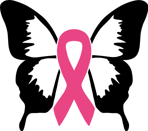 Pink breast cancer awareness ribbon overlaid on a black butterfly silhouette against green background.
