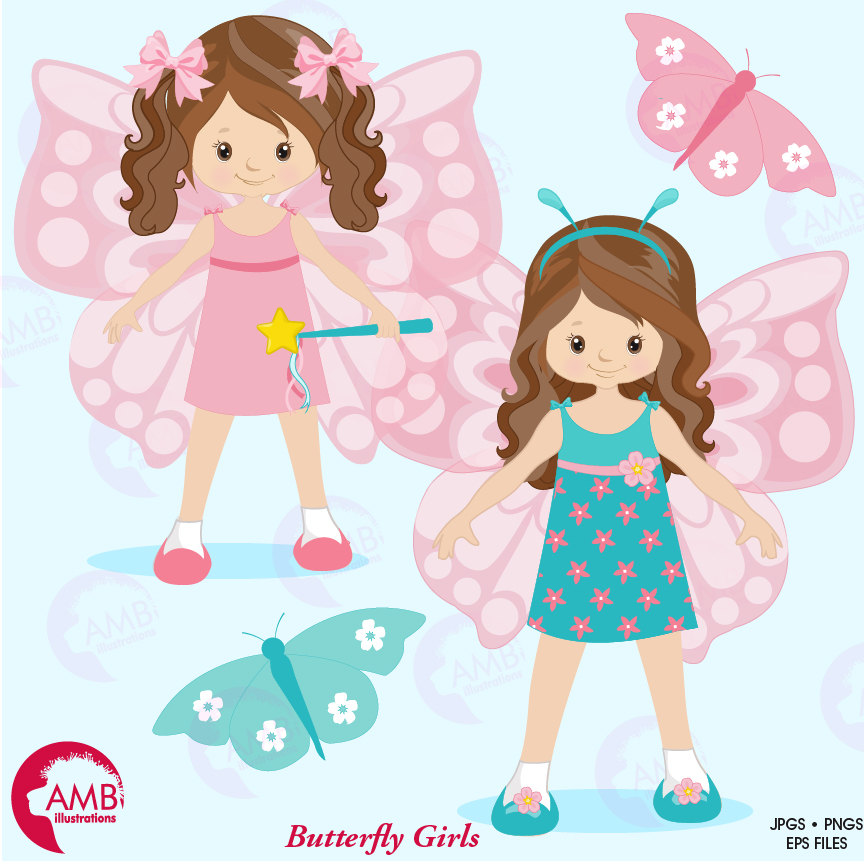 Two cartoon fairy girls with pink and teal butterfly wings, holding wands and smiling, surrounded by floral butterflies.