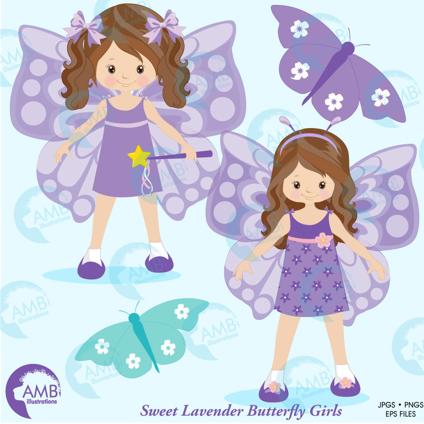 Two cute lavender fairy girls with purple butterfly wings, wands, and floral dresses surrounded by butterflies.