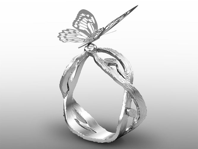 Silver ring with intricate vine-like band and delicate butterfly perched on top, 3D-rendered design.
