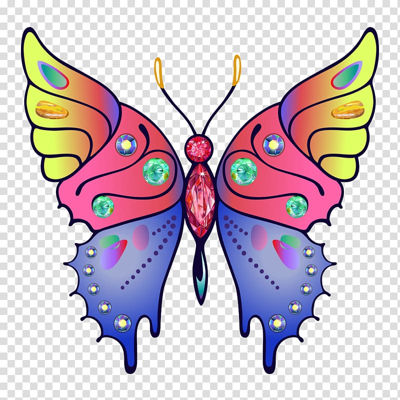 Vibrant rainbow butterfly with gemstone embellishments and gradient wings on transparent background.