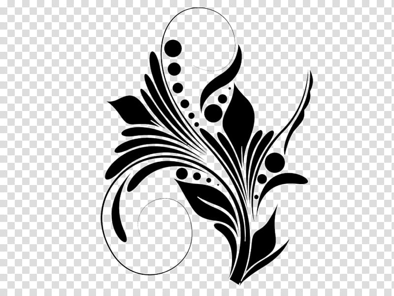 Black-and-white ornamental floral vector design with swirling leaves and dotted accents on transparent background.