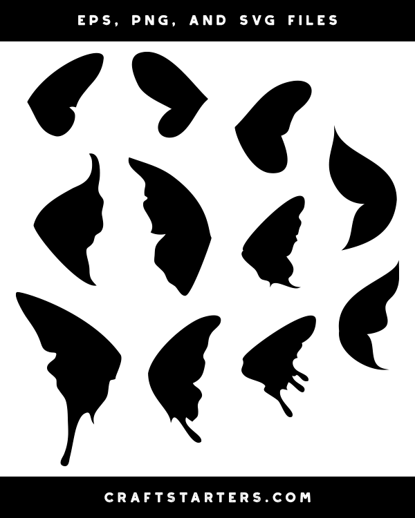 Collection of black butterfly wing silhouettes in various shapes and styles for crafting and design projects.