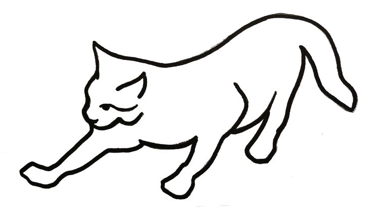 Simple black-and-white line drawing of a cat stretching forward with extended front paw and arched back.