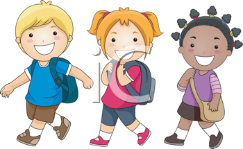Three diverse smiling children walking with backpacks, ready for school.
