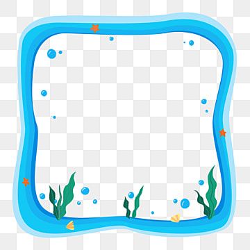 Blue wavy underwater-themed frame with seaweed, bubbles, and starfish on transparent background.