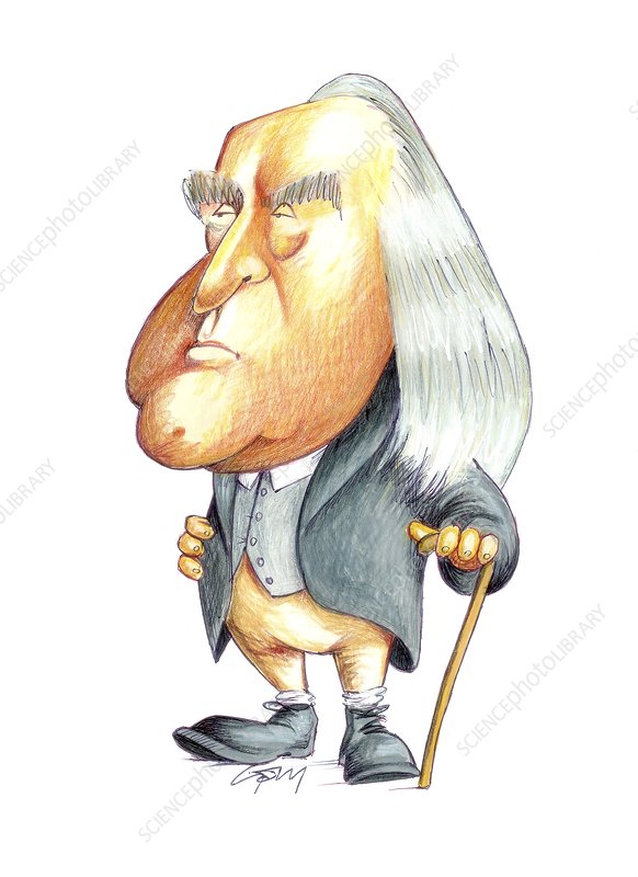 Caricature of an elderly man with exaggerated features, white hair, and a walking cane, dressed in formal 19th-century attire.