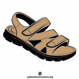Tan leather-style sandal with black sole and three adjustable straps, side view on white background.