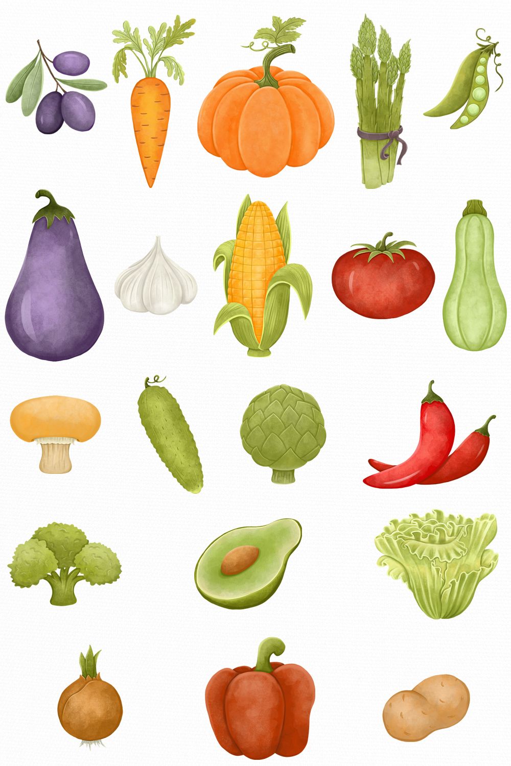 Watercolor illustration of 20 diverse vegetables and fruits including carrot, pumpkin, tomato, corn, eggplant, avocado, and broccoli.