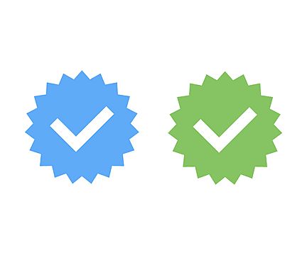 Blue and green starburst badges with white checkmarks indicating approval or verification.