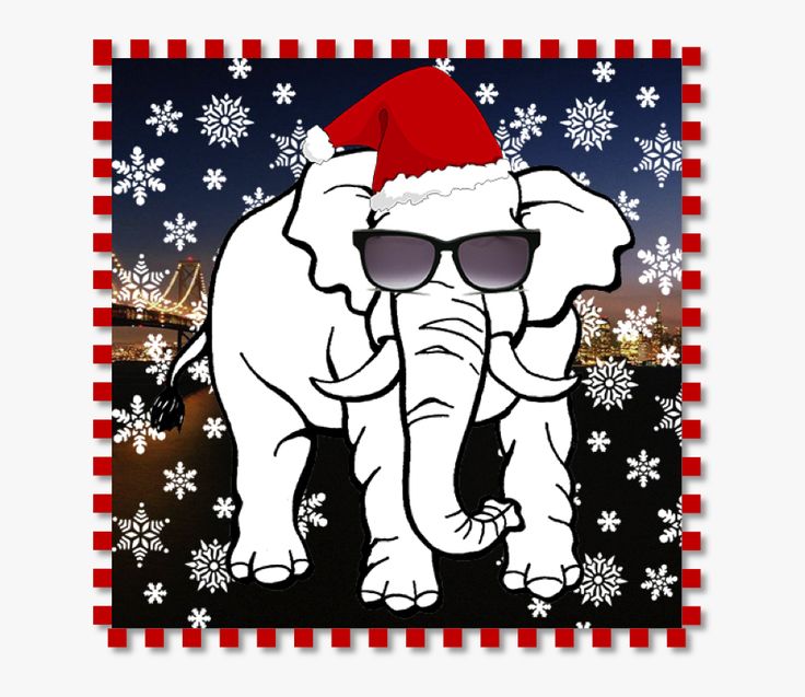 A cool white elephant wearing sunglasses and a Santa hat, standing against a snowy night cityscape with snowflakes and red border.