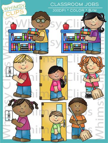 Diverse cartoon children performing classroom jobs like shelving books, turning lights on/off, and sweeping floors.