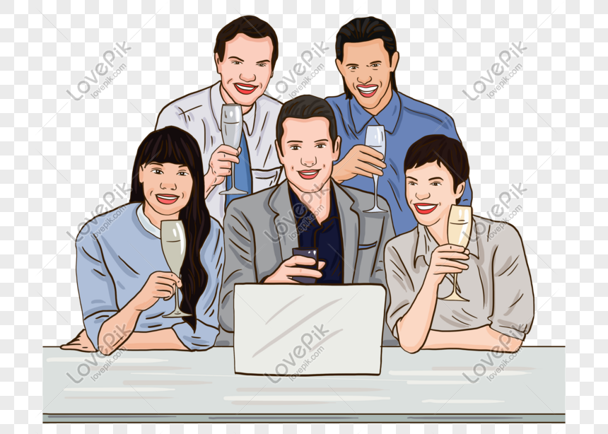 Five smiling professionals celebrating with champagne glasses around a laptop in a modern office setting.