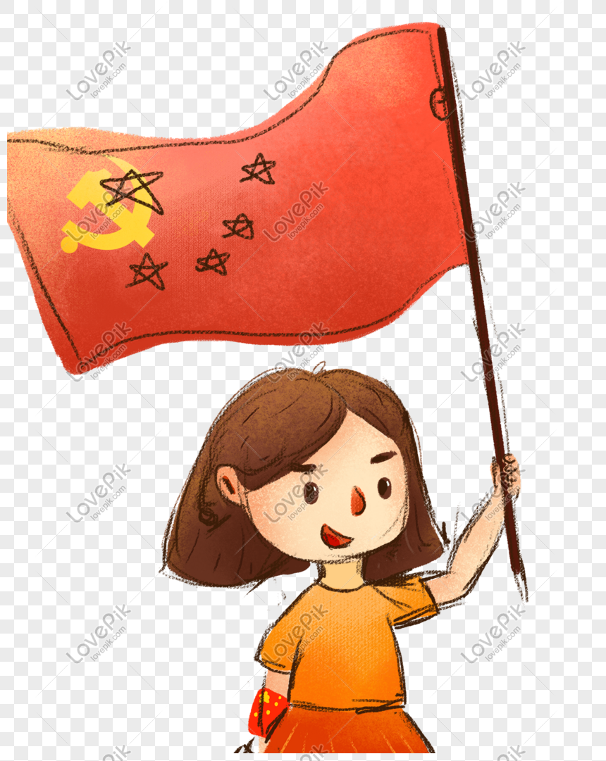 A cheerful girl holding a red flag with hammer, sickle, and stars symbolizing youth patriotism.