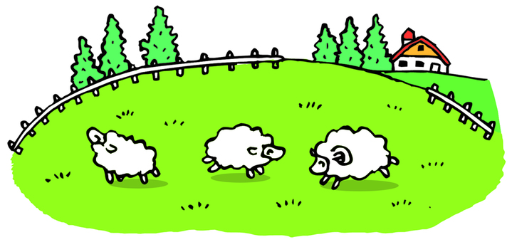 Three fluffy white sheep grazing on a bright green hill with fences, trees, and a farmhouse in the background.