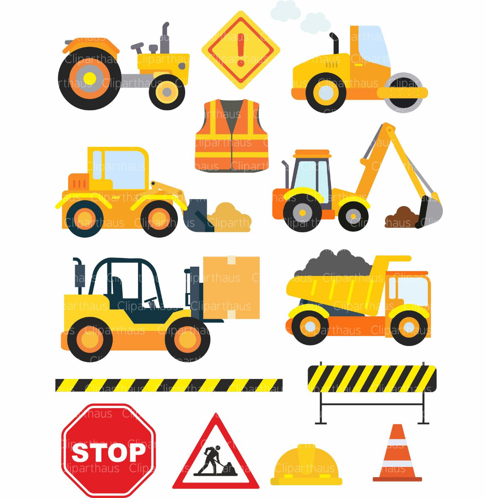 Collection of construction vehicles, safety gear, and road signs in flat vector style including excavator, dump truck, forklift, and warning symbols.