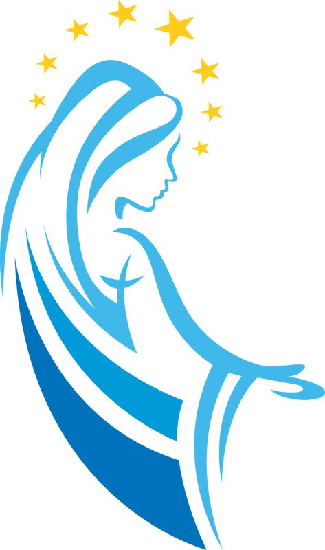 Stylized blue silhouette of the Virgin Mary with golden stars above her head, symbolizing the Immaculate Conception or Queenship of Mary.