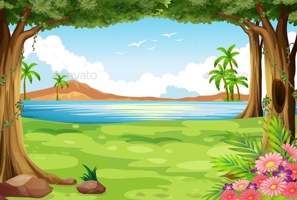 Lush tropical forest scene with palm trees, a calm lake, distant hills, and colorful flowers in the foreground.