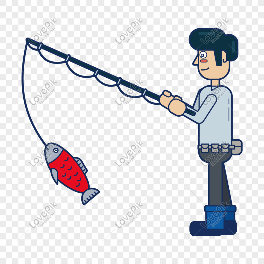 Cartoon man fishing with a red fish caught on his line, smiling and holding a bent rod.