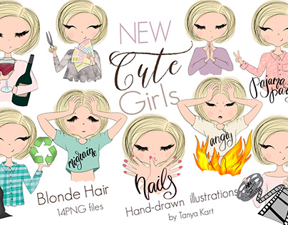 New Cute Girls Illustrations - 14 PNG Hand-Drawn Clipart by Tanya Kart