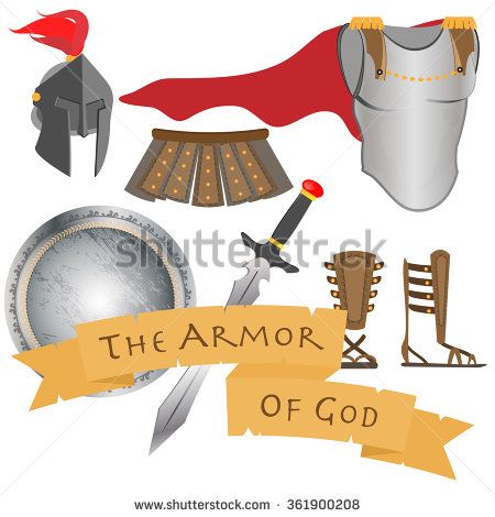 Roman-style armor set including helmet, breastplate, skirt, shield, sword, greaves, and sandals with banner reading "The Armor of God"