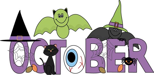 Halloween-themed "OCTOBER" text with witch hat, bat, black cat, eyeball, spider, and cobwebs.
