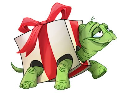 A green cartoon turtle peeking out of a white gift box tied with a red ribbon, looking mischievous.