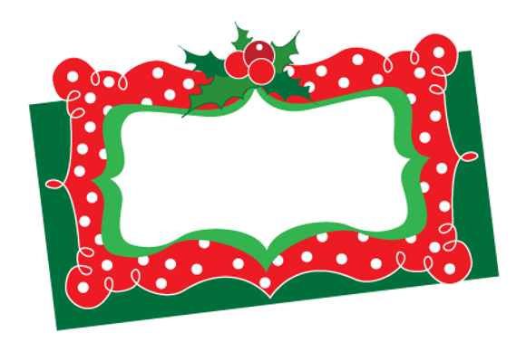 Festive red-and-white polka-dotted holiday frame with green trim and holly berries, ideal for Christmas cards or labels.