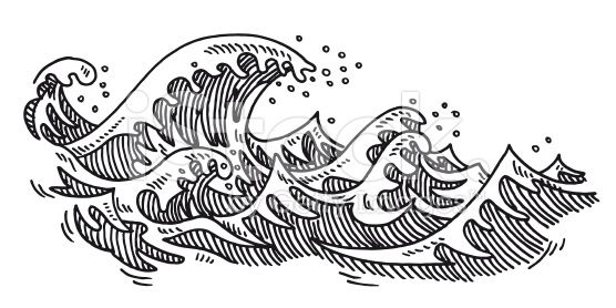 Black-and-white hand-drawn illustration of dynamic ocean waves with splashes and detailed linework.
